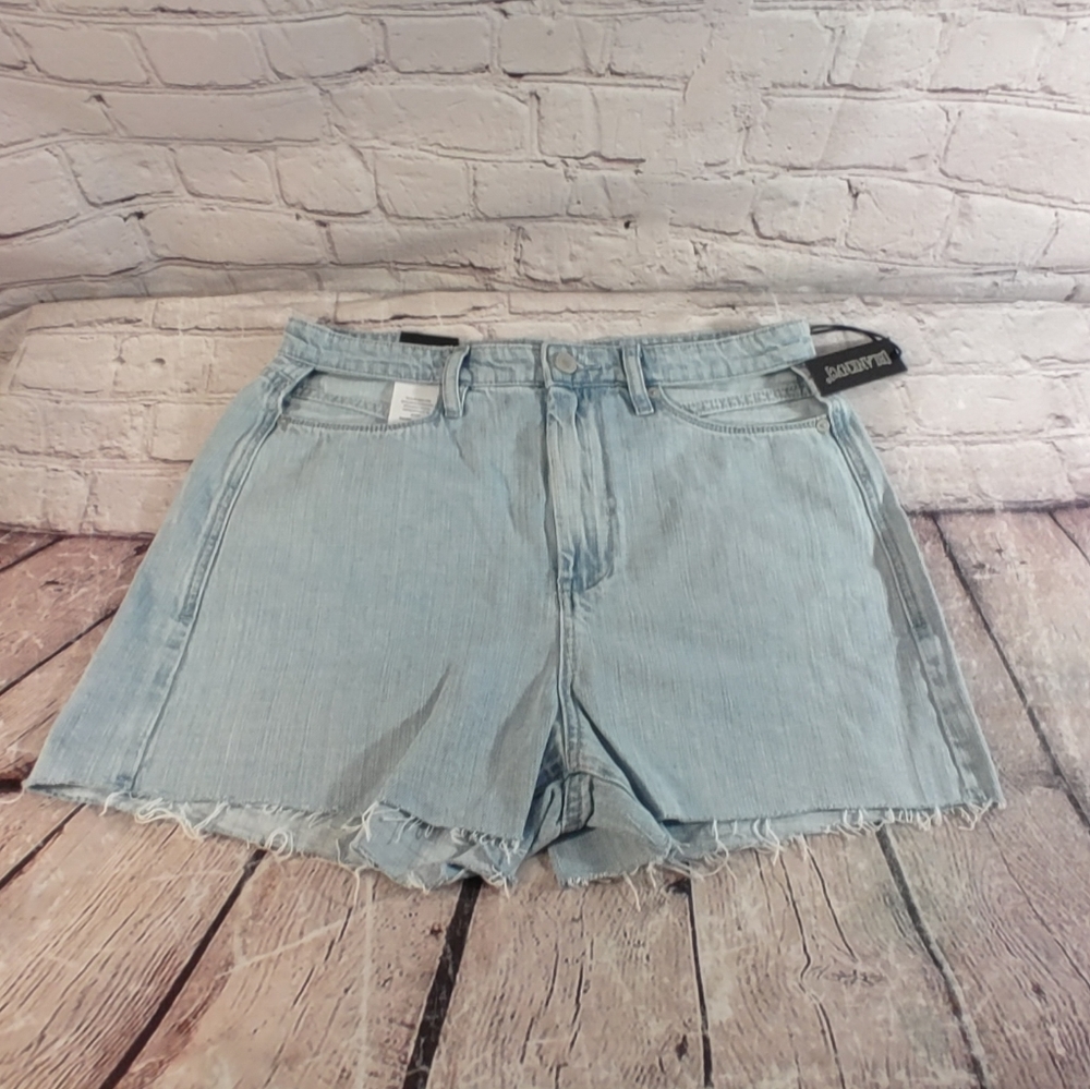 Blank NYC Reeve Cut Out Exposed High Waist Raw Hem Denim Shorts 30